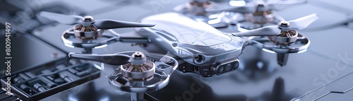 Macro view of a newly engineered nano drone, tiny yet detailed with sleek silver finishes
