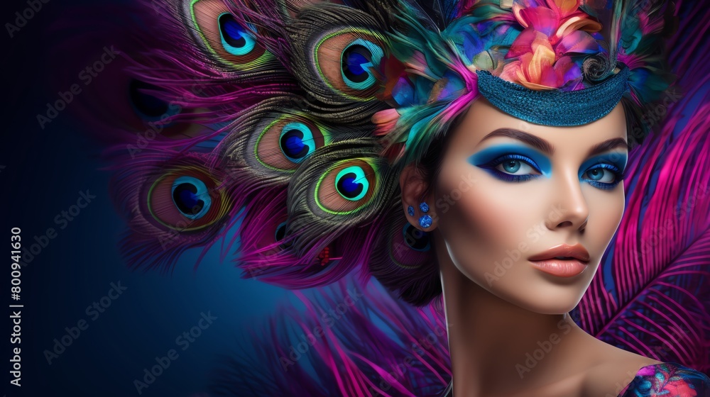 Elegant 3D presentation of a beauty influencer with a beautifully rendered peacock using vibrant feather colors to inspire makeup tutorials or beauty product lines