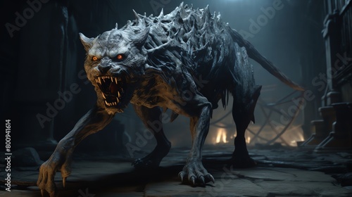 Eerie 3D creation of a hybrid creature combining features of various wild animals designed for horror games or special effects in films © Jenjira