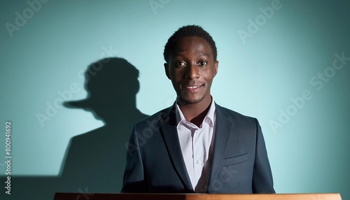 man at a podium with a shadow suggesting a long nose, implying dishonesty  photo