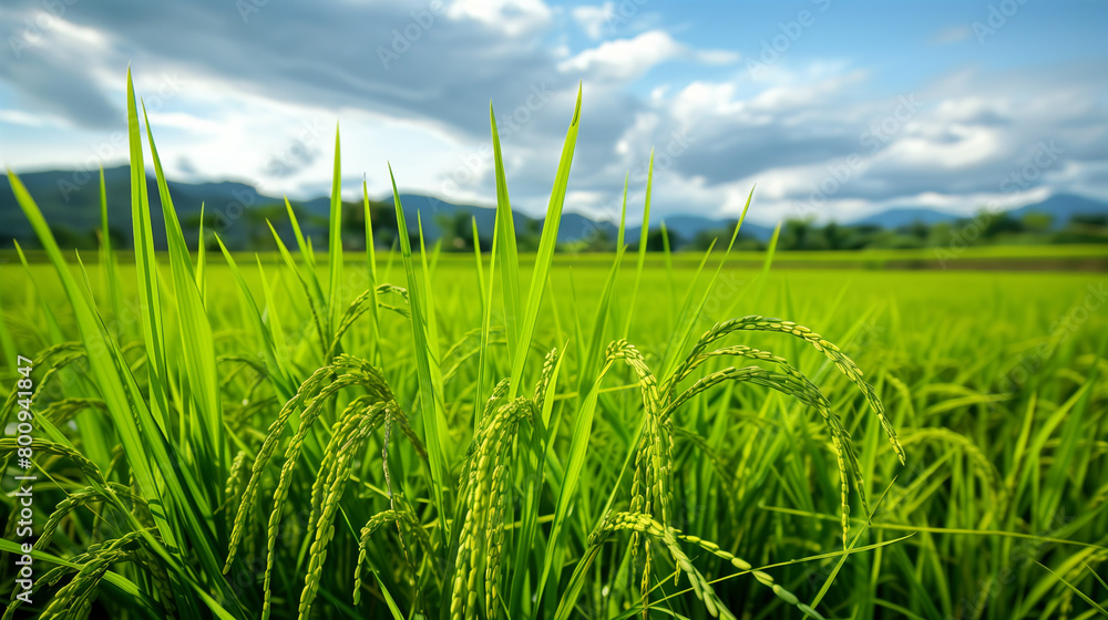 Obraz premium Beautiful rice plants in gorgeous paddy field on organic farm.