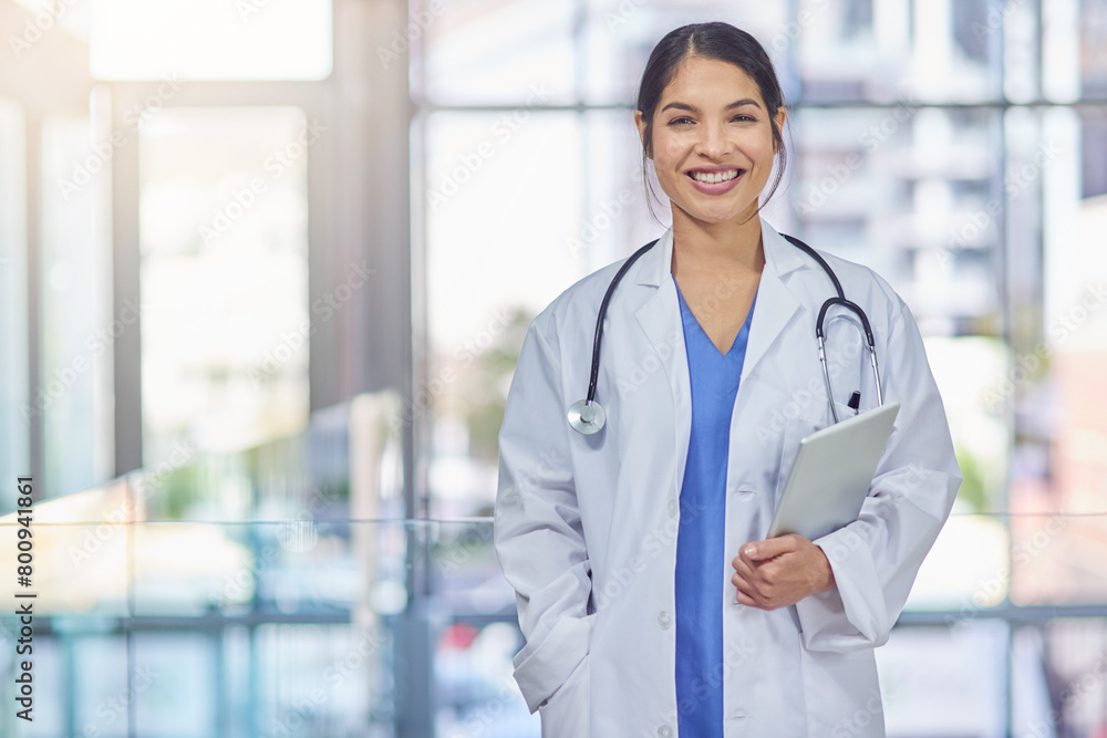Portrait, doctor and woman with tablet, smile and career ambition with online schedule, medicare and gp. Face, person and medical with professional, research and digital app for healthcare news Portrait, doctor and woman with tablet, smile and career ambition with online schedule, medicare and gp. Face, person and medical with professional, research and digital app for healthcare news