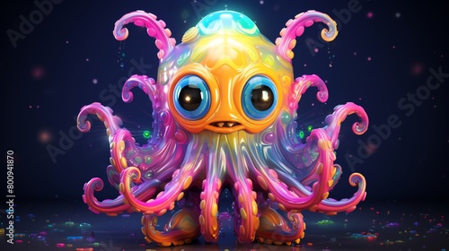 Whimsical 3D model of a multicolored alien creature with tentacles and glowing spots suitable for animated children s movies or theme park attractions