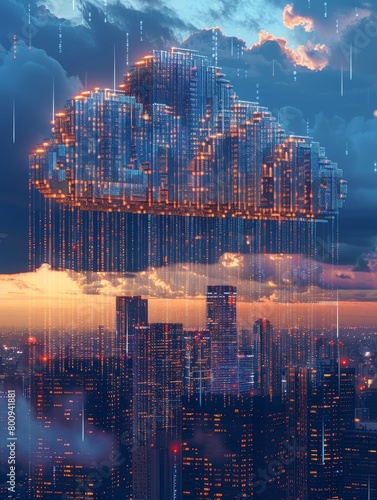 Cloud infrastructure depicted as a virtual city, data flowing between buildings representing servers, high-tech panorama, dusk photo