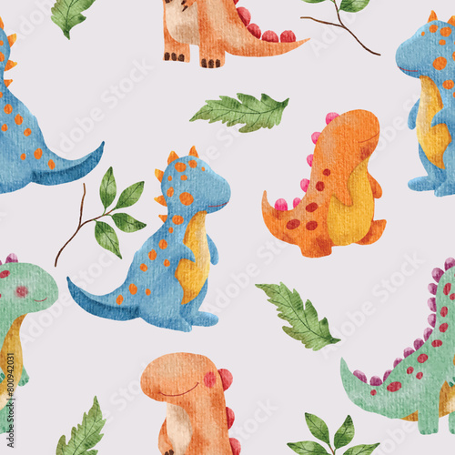 Cute Colorful Dinosaur Watercolor Seamless Pattern
