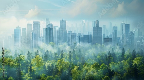 A digital illustration of a city skyline transitioning into a thriving forest emphasizing the importance of balancing urban development with nature preservation.. photo