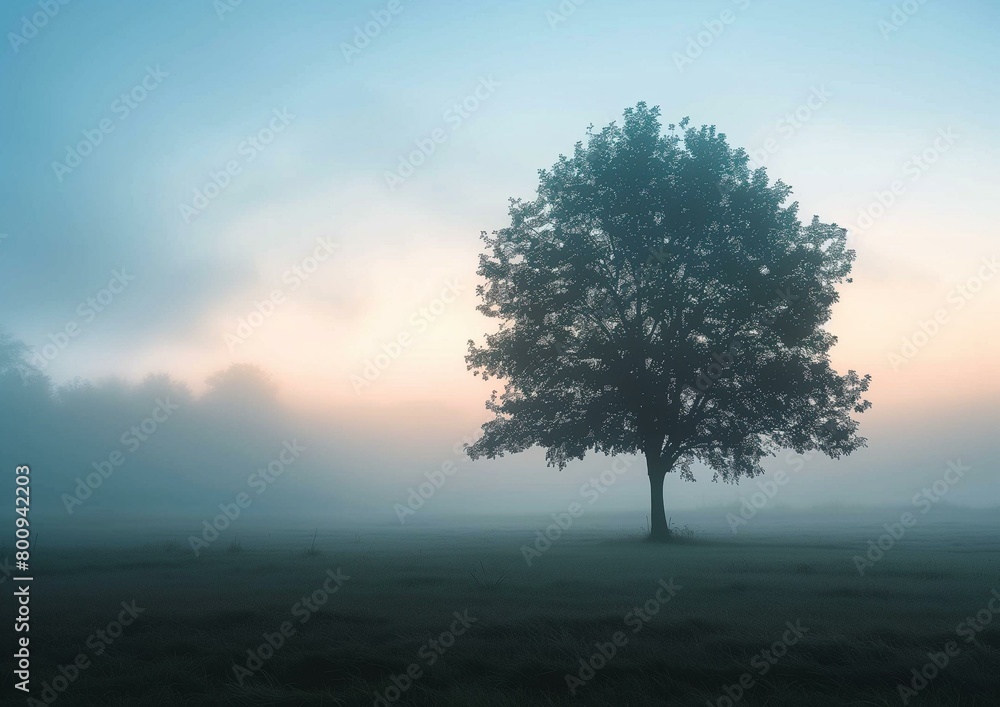 Serene Misty Morning Landscape with Lone Tree and Sunrise Colors