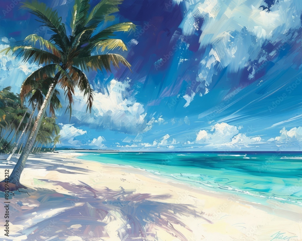 A beautiful beach with palm trees and white sand.