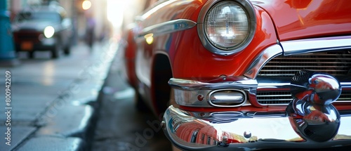 Classic Red Vintage Car Close-Up On City Street With Chrome Details
