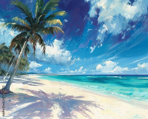 A beautiful beach with palm trees and white sand.