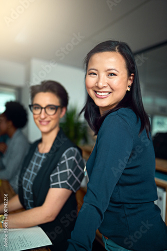 Women, hr management and smile in portrait as employees in workplace for admin, collaboration and teamwork. Female people, workers and creative for recruitment, company or startup in office for job