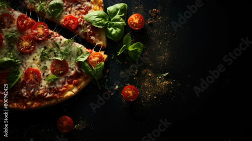 Classic Pizza with sliced tomatoes and cheesy, Pizza with a black background for the menu