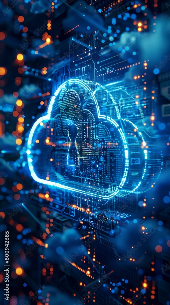 Fototapeta premium Cloud security, stylized cloud with protective shield, blue-silver color scheme, cyber elements, dynamic angle