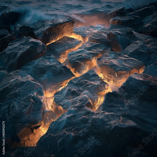 Lava flowing through a rocky landscape