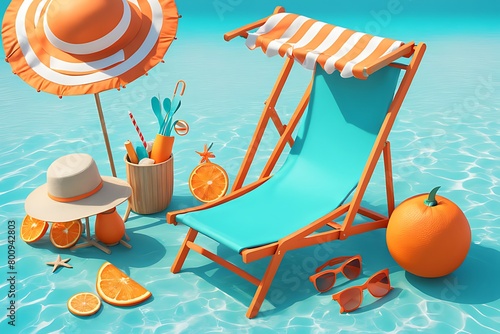  Orange beach chair with summer accessories on turquoise blue background design 3D Rendering, 3D Illustration 