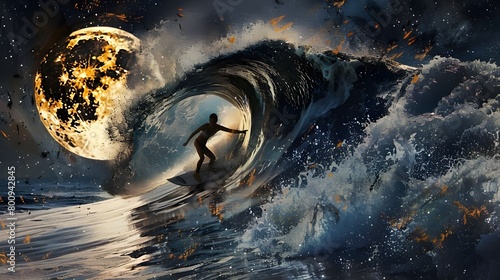 Creative unique oceans 3d digital artwork. Abstract surfing tube wave. Sufer girl on surfboard full moon at background. Modern contemporary mixed media design drawing with silver leaf accent. photo