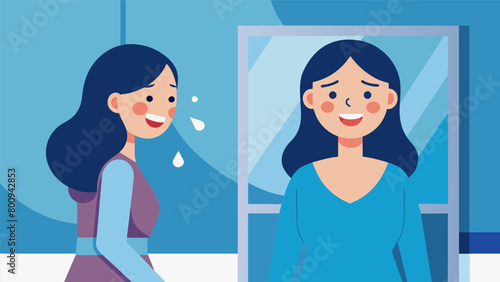 A woman standing in front of a mirror looking at her reflection with a bright smile and tears of happiness in her eyes as she recalls her long and.