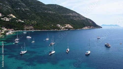 Orbital over Mikros Poros Gialos Beach Bay, Sailing Boats, Lefkada, Greece photo