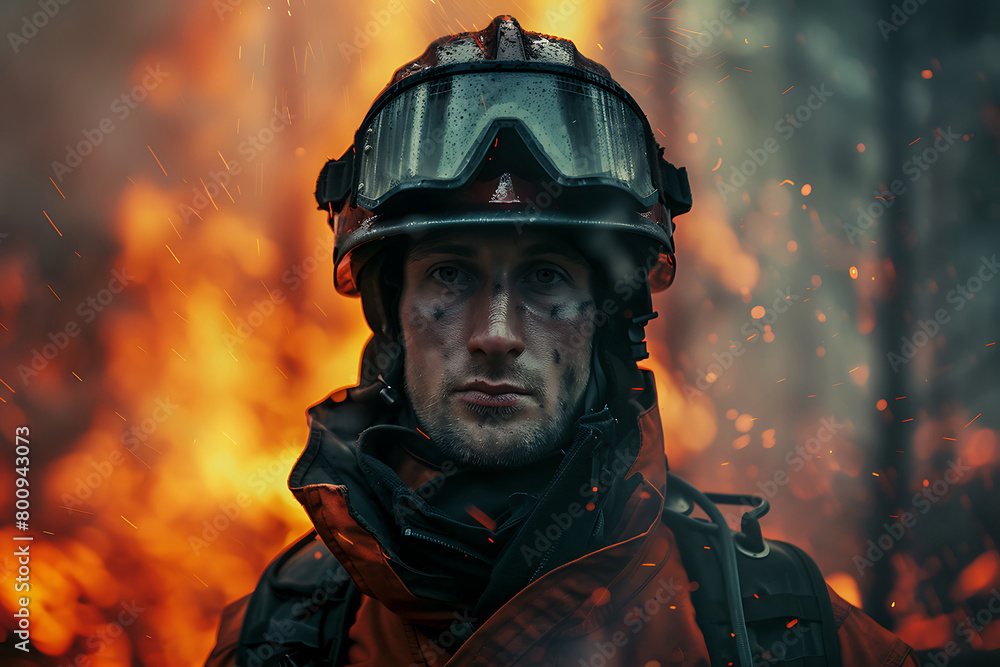 portrait of a male firefighter in burning forest background portrait of a male firefighter in burning forest background