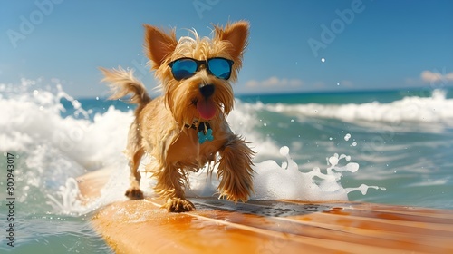 Dog surfing on surfboard. Cute happy puppy dog on wave, wearing sunglasses. Funny pet animal cartoon illustration of adventure and courage in the ocean. Creative unique animal 3d digital artwork.