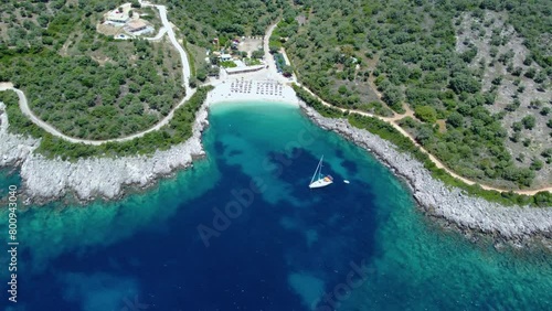 Aerial of Idylic Ammoussa Beach Bay, Sailing Boat, Lefkada, Greece photo