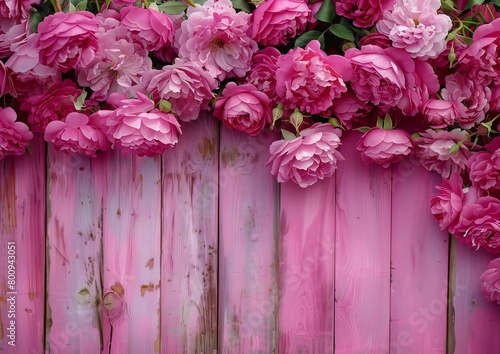 Pink Peonies on Wooden Planks, Beautiful Floral Background © Qstock
