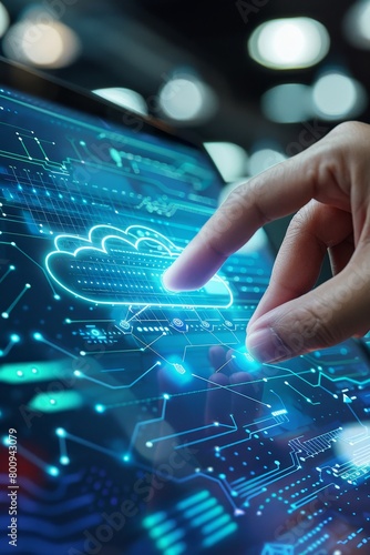 The cloud services market features an interactive digital interface with a hand touching cloud service options, showcasing selective focus