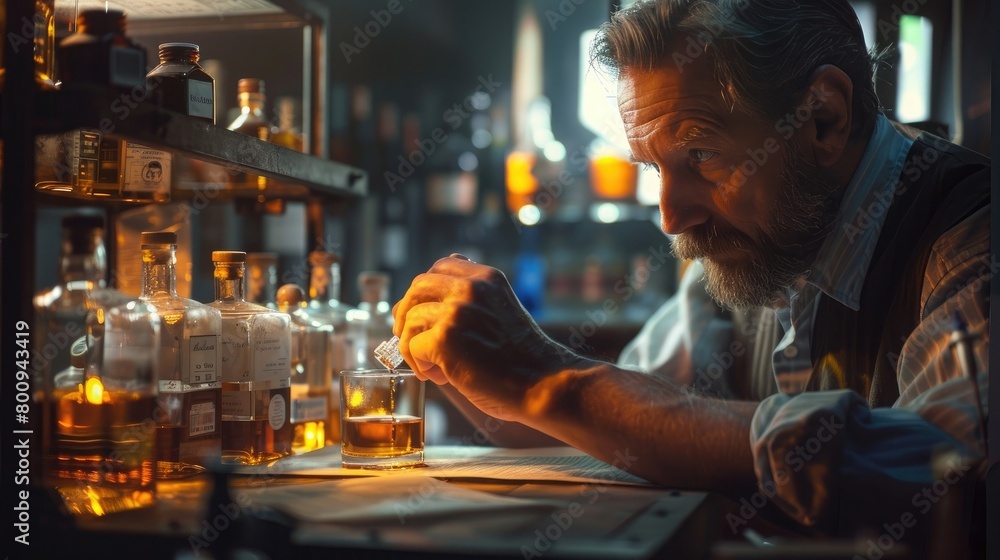 A captivating image of a whisky blender carefully examining a sample, with a selection of whisky bottles and tasting notes in the background.