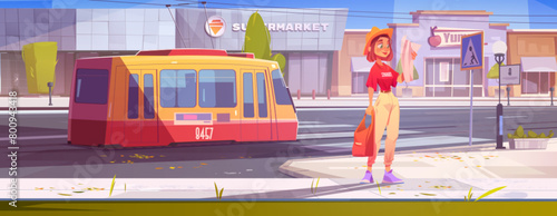Woman travel in city with map and tram transport illustration. Girl character and public railway vehicle in downtown. Adventure plan for young tourist to explore town with tramway concept scene © klyaksun