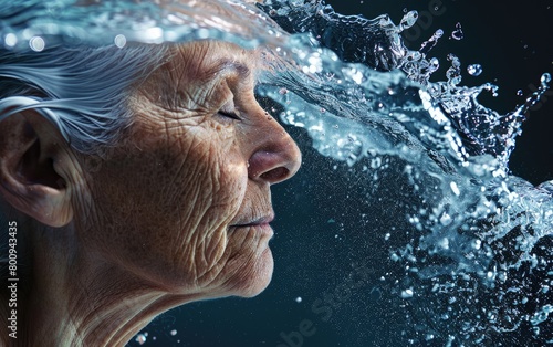 The Face of Experience Amidst a Splash, A Mature Womans Visage Captured Mid-Splash