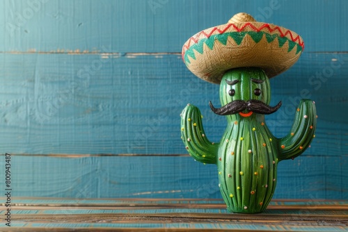 Cactus wearing a sombrero hat and mustache, sitting on a wooden table with a blue background. Concept for a Mexican holiday. Mexican holiday Cinco de Mayo.