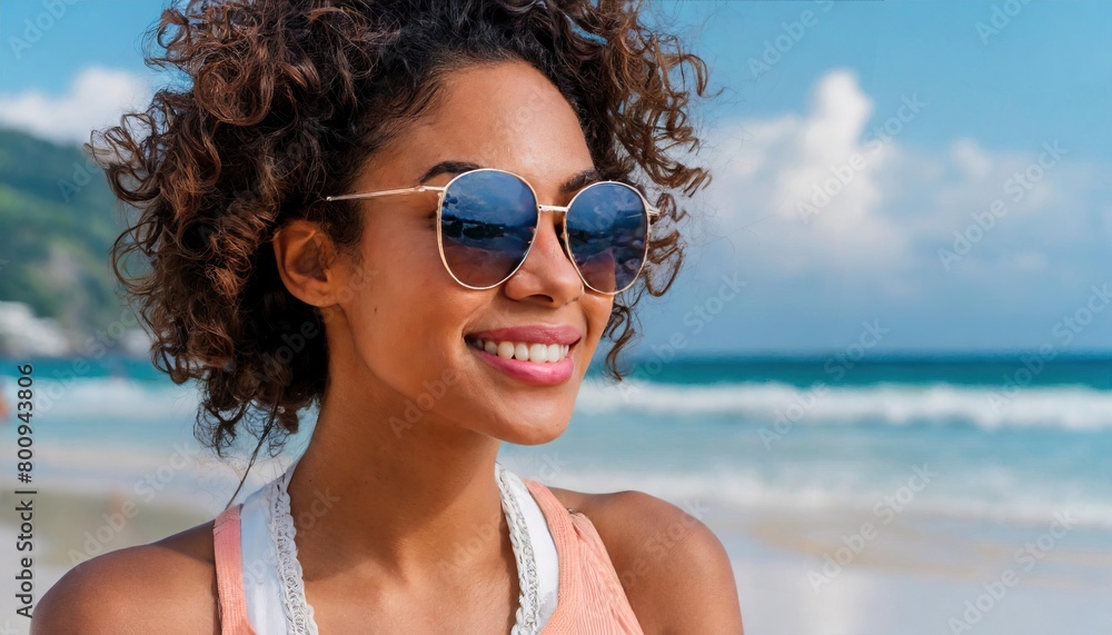 Closeup portrait of a beautiful woman in sunglasses on the beach Closeup portrait of a beautiful woman in sunglasses on the beach