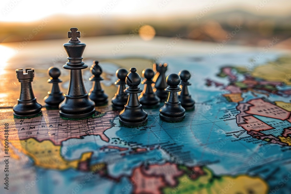 Schachfiguren auf einer Weltkarte symbolisch für die Geopolitik Schachfiguren auf einer Weltkarte symbolisch für die Geopolitik