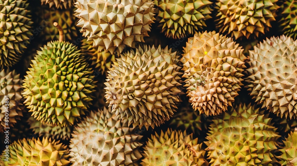 A close-up of ripe durian fruits stacked in a local market, showcasing their distinctive spiky exterior and creamy yellow flesh, a tantalizing tropical delicacy. A close-up of ripe durian fruits stacked in a local market, showcasing their distinctive spiky exterior and creamy yellow flesh, a tantalizing tropical delicacy.