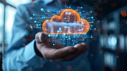 In a modern office setting, a consultant elaborates on cloud solutions to a client during cloud technology services