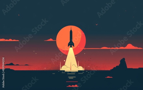 Minimalist Banner Portrays Rocket's Launch, Aesthetic Elevation, A Simple Banner Illustrating a Space Launch