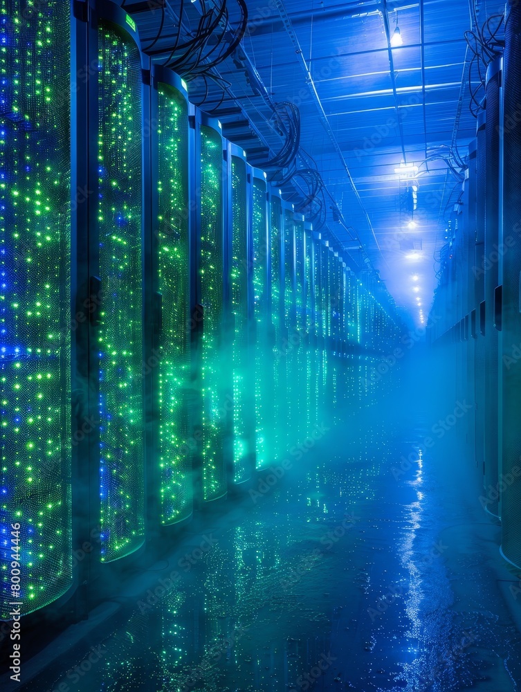 Fototapeta premium Dynamic scene of a Cloud server facility, rows of servers with blue and green lights, misty atmosphere, emphasizing scale and technology
