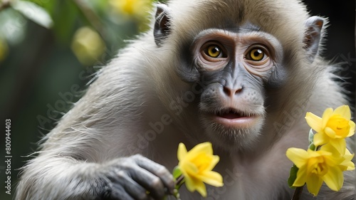 Silvery or silver leaf Trachypithecus cristatus, the lutung monkey, reaches out to grab a yellow blossom for consumption.