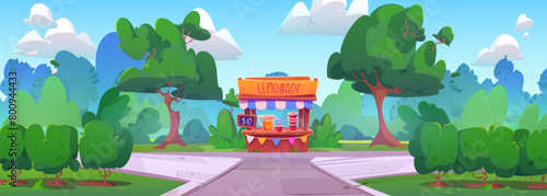 Lemonade stall in summer park. Vector cartoon illustration of cold beverage shop with glass jar, paper cups and straws, public garden with green bushes, trees and lawn, clouds in blue sunny sky