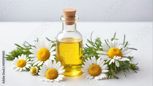 bottle of chamomile oil on plain white background from Generative AI