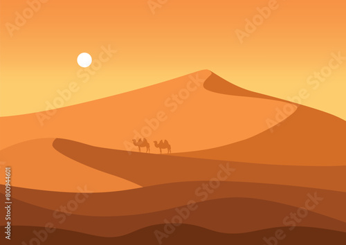 Panorama of desert and camels. Vector illustration in flat style.