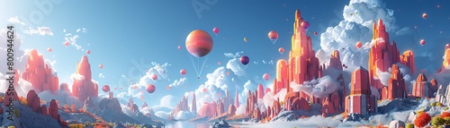 A 3D cartoon scene of a kite festival with abstractly designed kites soaring above a colorful city photo