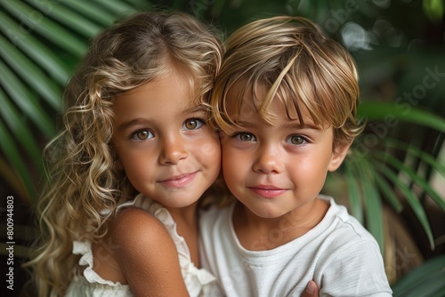 Obraz na płótnie Two happy smiling children little girl and little boy in white summer clothes hugging in tropical green house among palm leaves. Friendship, linen clothing, environmental friendliness. w salonie