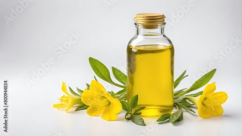 bottle of evening primrose oil on plain white background from Generative AI © Arceli