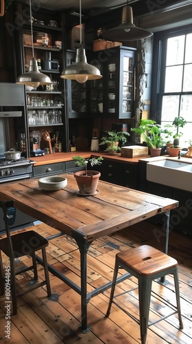 rustic and modern kitchen with industrial touches and wooden dining setup