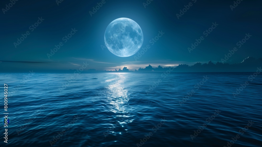 serene full moon reflecting over calm ocean waters in peaceful night