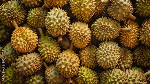 A close-up of ripe durian fruits stacked in a local market  showcasing their distinctive spiky exterior and creamy yellow flesh  a tantalizing tropical delicacy.