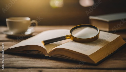 open book with magnifying glass photo