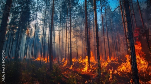 Forest fire, burning trees, forest destruction, silhouette, natural disaster. Nature protection concept.