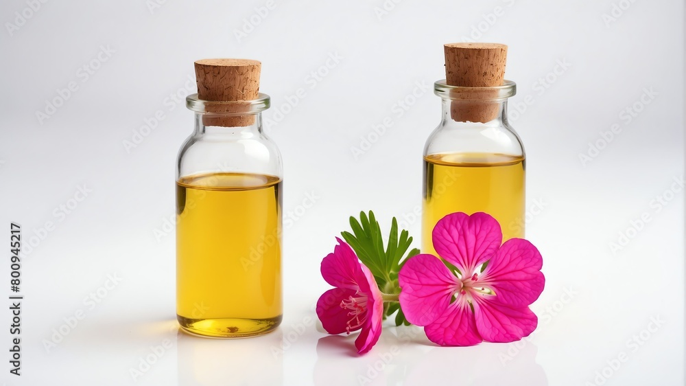 bottle of geranium oil on plain white background from Generative AI bottle of geranium oil on plain white background from Generative AI